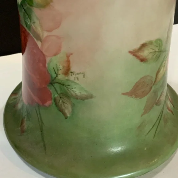 Large Vase Porcelain Roses Gold tone Trim Signed 12 inches Tall Vintage